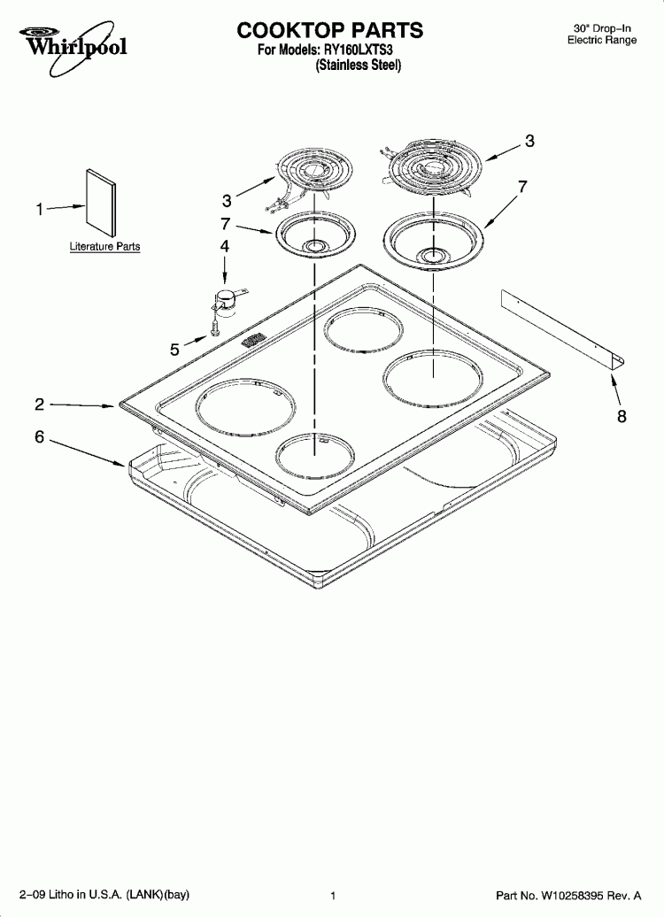 COOKTOP PARTS Diagram and Parts List for RY160LXTS3  Whirlpool Range