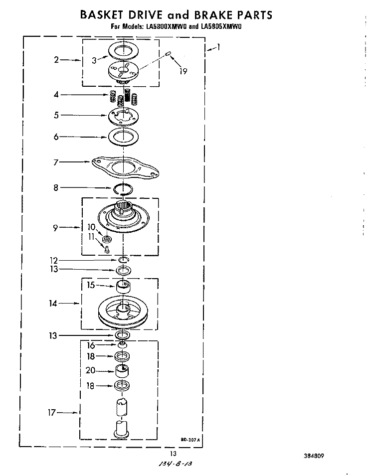 BASKET DRIVE AND BRAKE Diagram and Parts List for LA5805XMW0  Whirlpool Washer