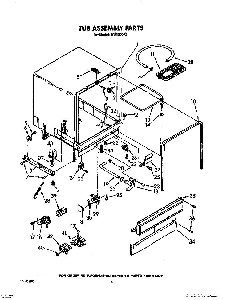 TUB ASSEMBLY Diagram and Parts List for WU1000X1  Roper Dishwasher