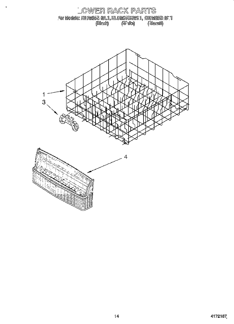 LOWER RACK Diagram and Parts List for KUDM25SHBT1  KitchenAid Dishwasher