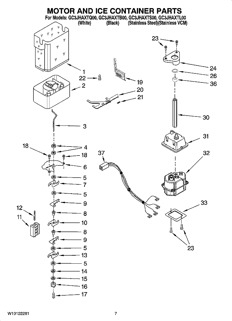 MOTOR AND ICE CONTAINER PARTS Diagram and Parts List for GC3JHAXTL00  Whirlpool Refrigerator