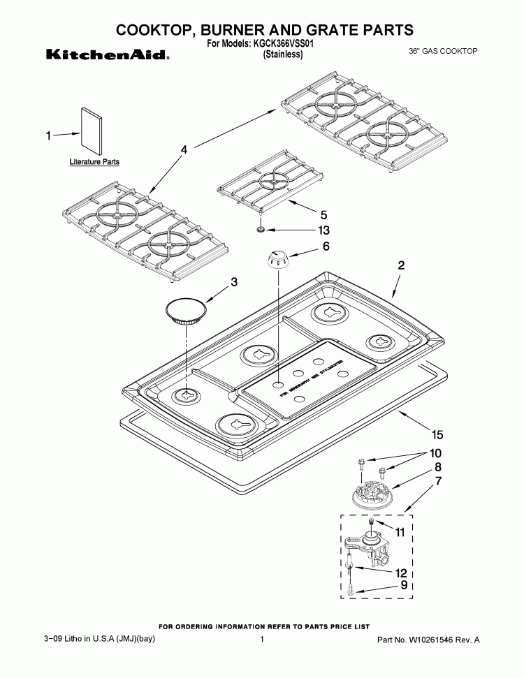 COOKTOP, BURNER AND GRATE PARTS Diagram and Parts List for KGCK366VSS01  KitchenAid Cooktop