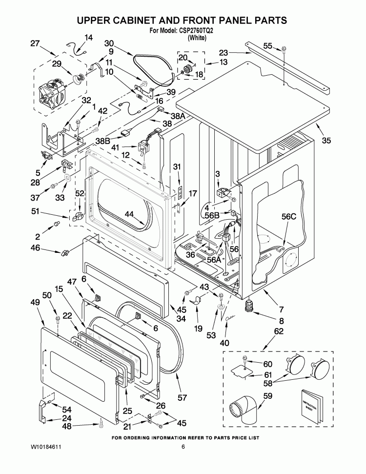 UPPER CABINET AND FRONT PANEL PARTS Diagram and Parts List for CSP2760TQ2  Whirlpool Dryer