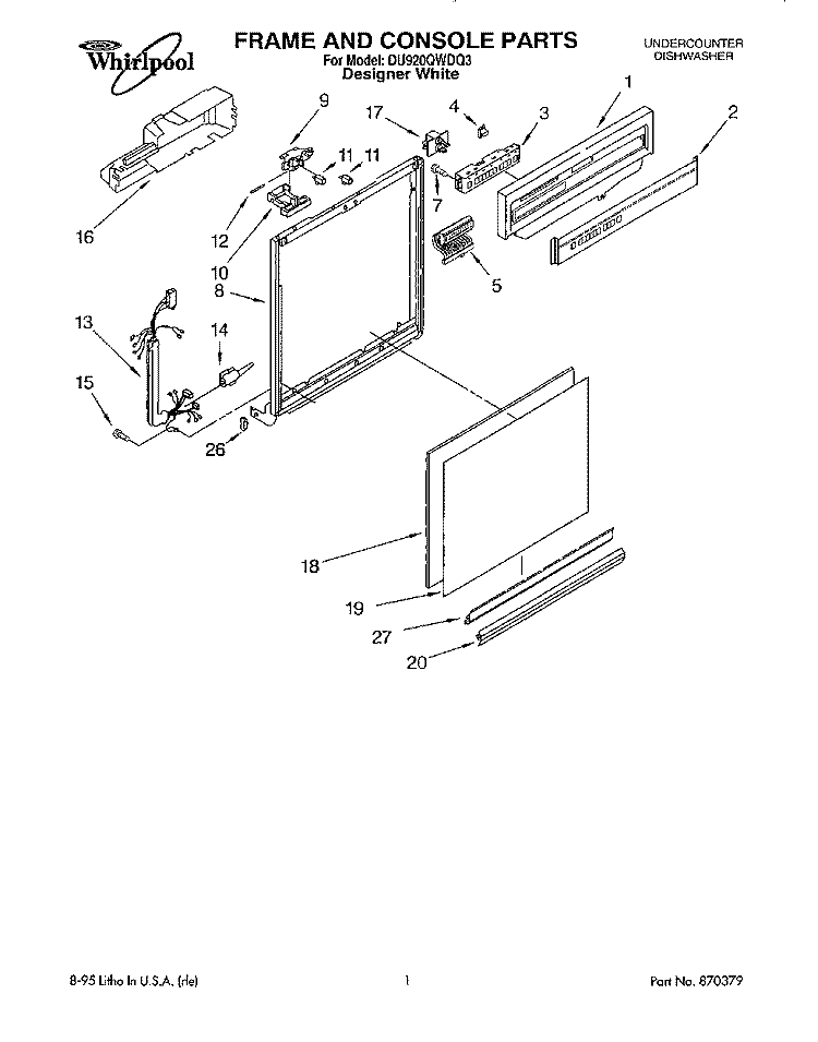 FRAME AND CONSOLE Diagram and Parts List for DU920QWDQ3  Whirlpool Dishwasher