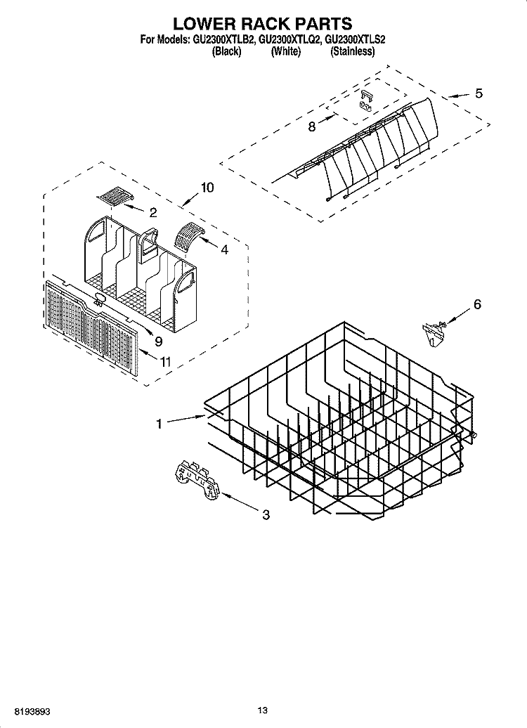 LOWER RACK PARTS Diagram and Parts List for GU2300XTLS2  Whirlpool Dishwasher