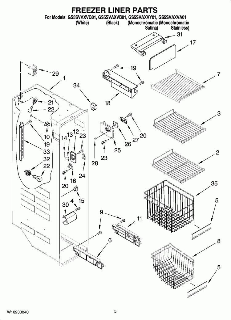 FREEZER LINER PARTS Diagram and Parts List for GS5SVAXVB01  Whirlpool Refrigerator