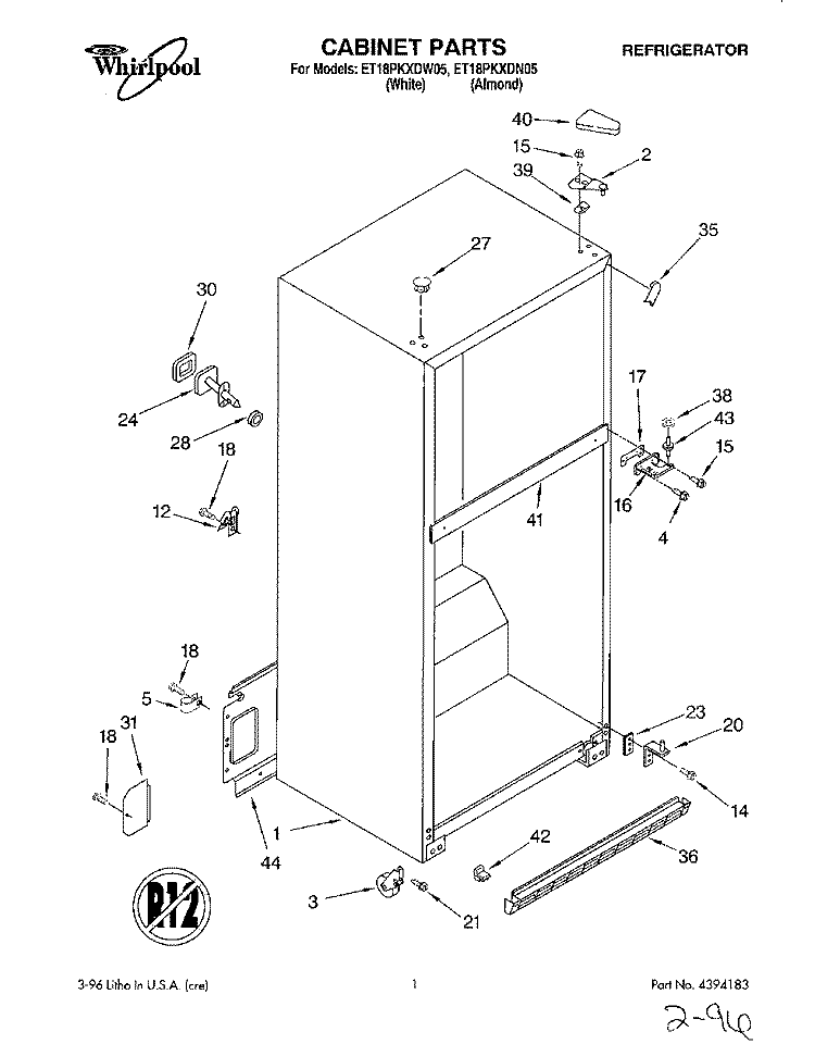 CABINET Diagram and Parts List for ET18PKXDW05  Whirlpool Refrigerator