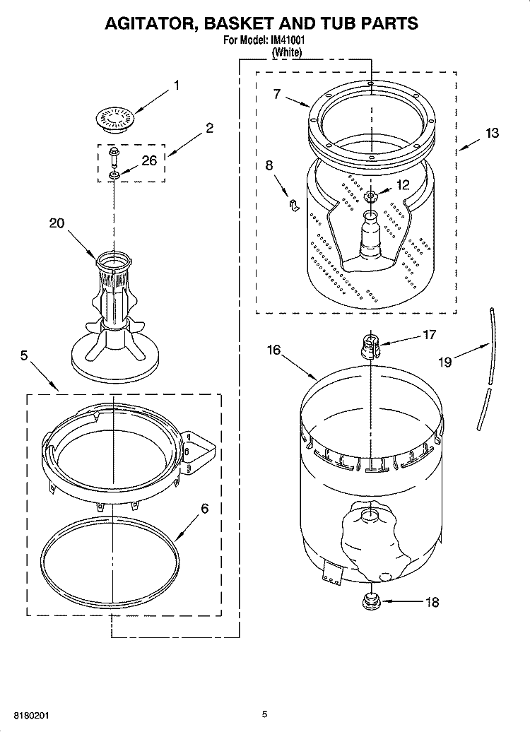 AGITATOR, BASKET AND TUB PARTS Diagram and Parts List for IM41001  Inglis Washer