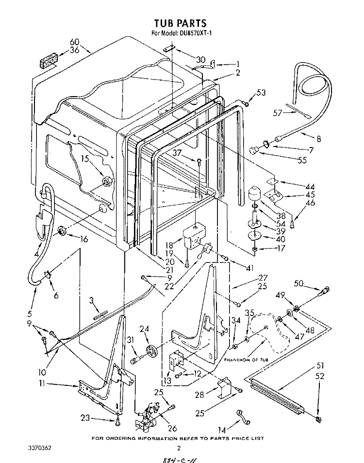 TUB , LITERATURE AND OPTIONAL Diagram and Parts List for DU8570XT1  Whirlpool Dishwasher