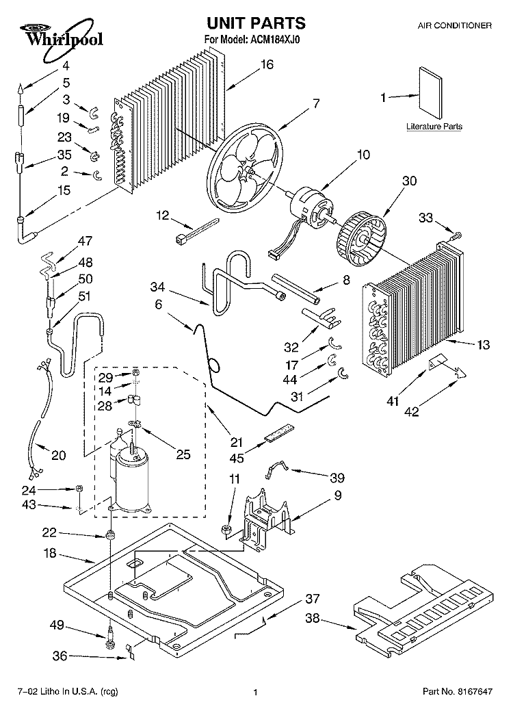 UNIT, LITERATURE Diagram and Parts List for ACM184XJ0  Whirlpool Air Conditioner