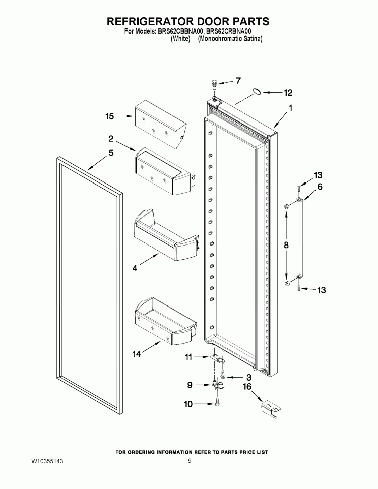REFRIGERATOR DOOR PARTS Diagram and Parts List for BRS62CRBNA00  Whirlpool Refrigerator