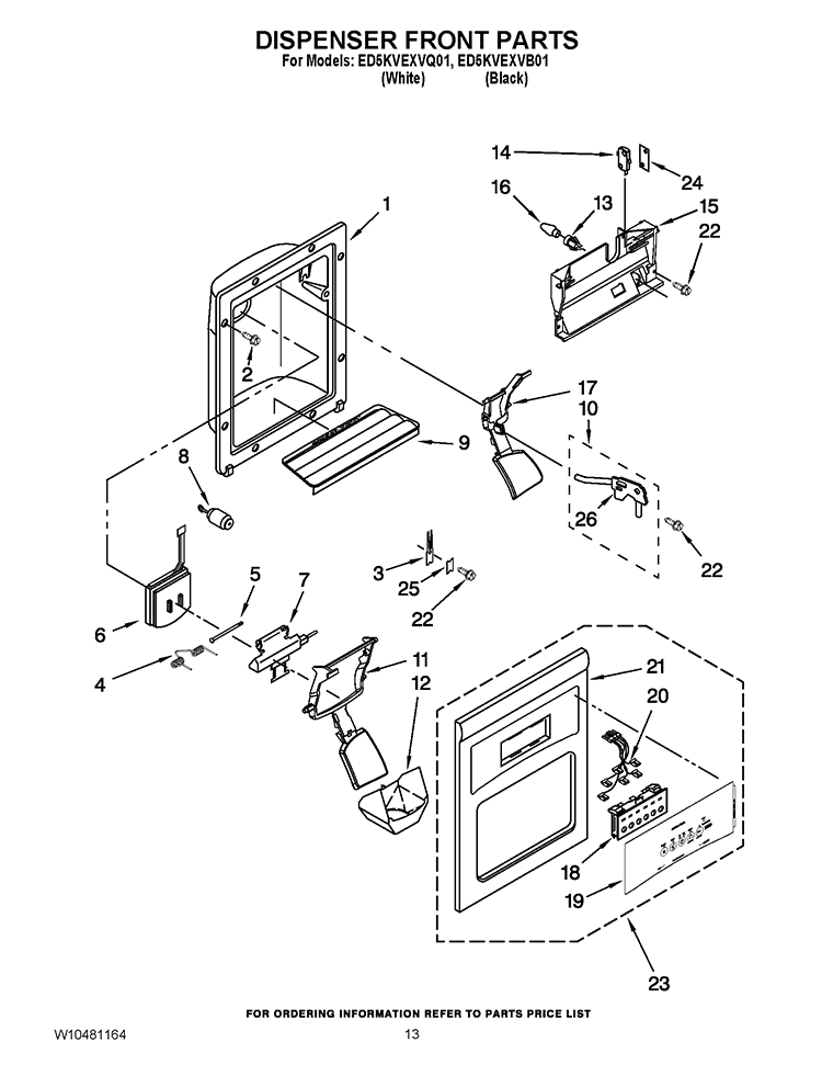 DISPENSER FRONT PARTS Diagram and Parts List for ED5KVEXVB01  Whirlpool Refrigerator