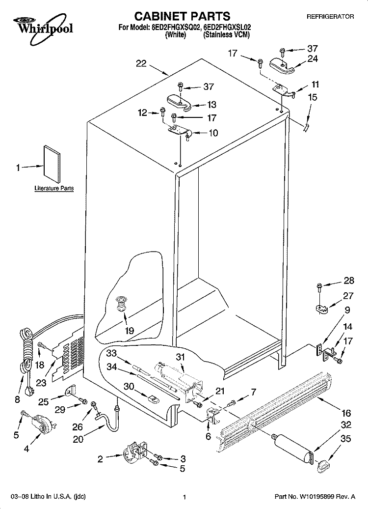 CABINET PARTS Diagram and Parts List for 6ED2FHGXSQ02  Whirlpool Refrigerator