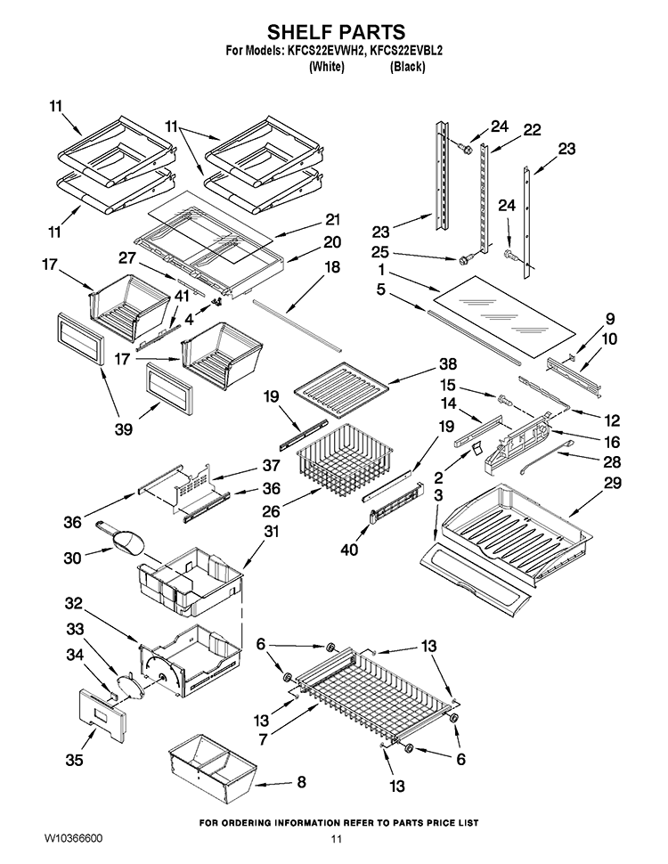 SHELF PARTS Diagram and Parts List for KFCS22EVBL2  KitchenAid Refrigerator