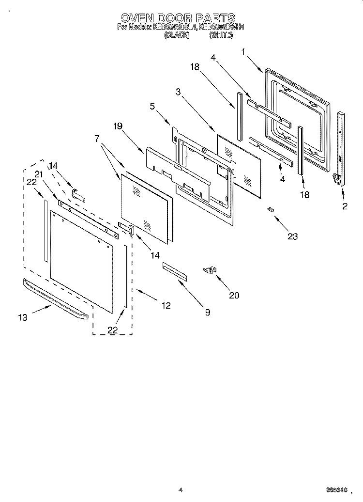 OVEN DOOR Diagram and Parts List for KEBS208DBL4  KitchenAid Wall Oven