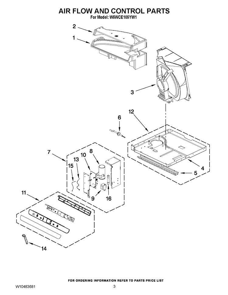 AIR FLOW AND CONTROL PARTS Diagram and Parts List for W5WCE105YW1  Whirlpool Air Conditioner