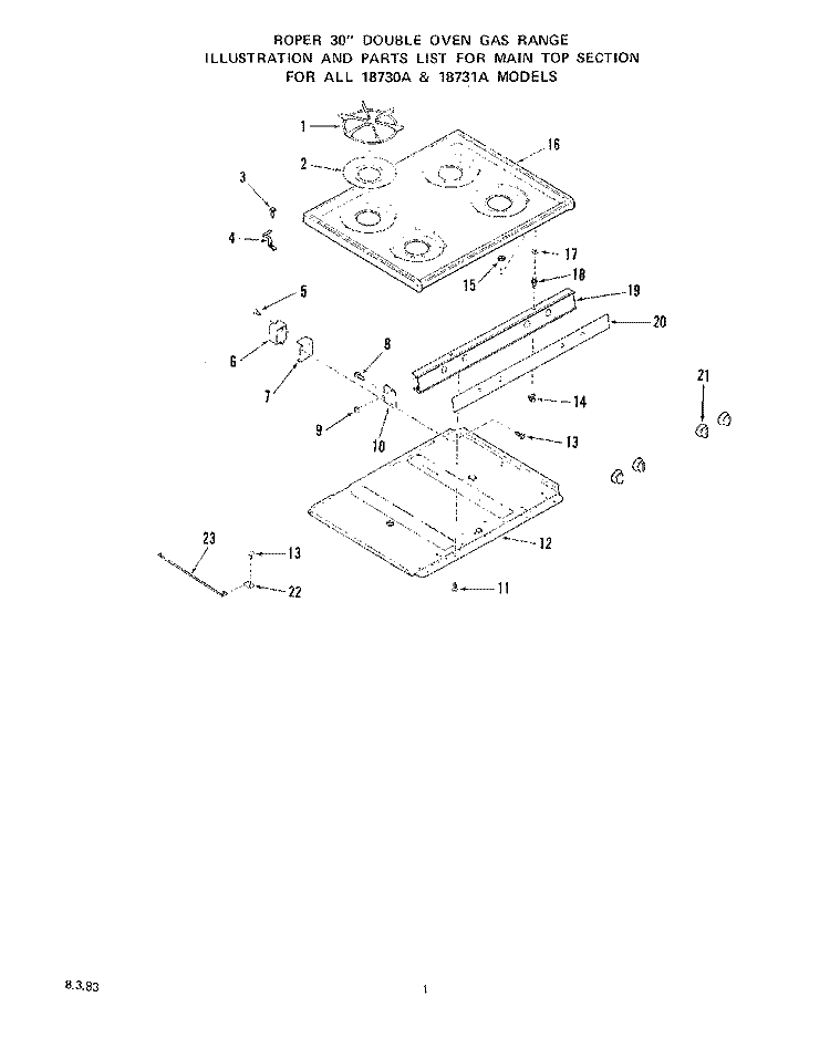 BURNER Diagram and Parts List for 1873^1A  Whirlpool Range