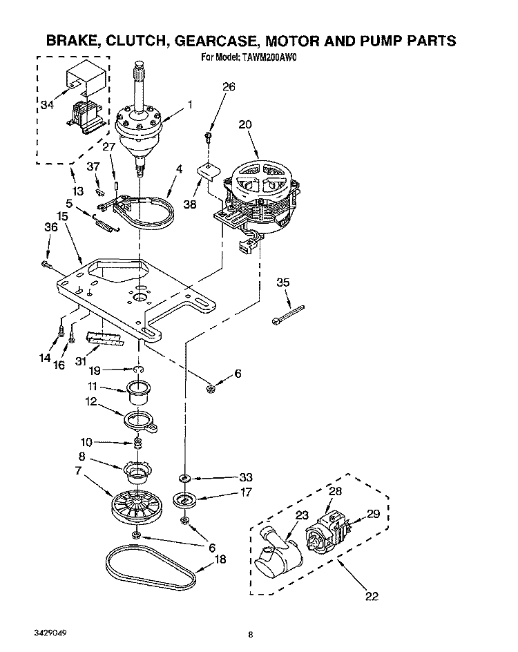 BRAKE, CLUTCH, GEARCASE, MOTOR AND PUMP Diagram and Parts List for TAWM200AN0  Estate Washer