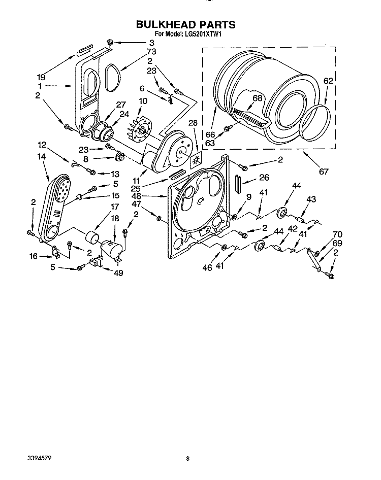 BULKHEAD Diagram and Parts List for LG5201XTW1  Whirlpool Dryer