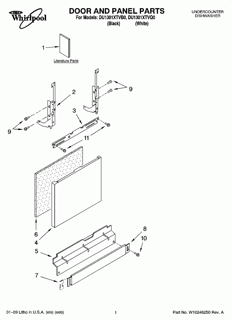 DOOR AND PANEL PARTS Diagram and Parts List for DU1301XTVB0  Whirlpool Dishwasher