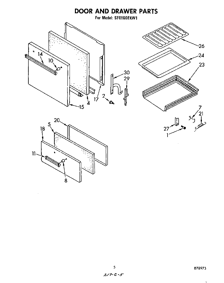 DOOR AND DRAWER Diagram and Parts List for SF0100EKW1  Whirlpool Range