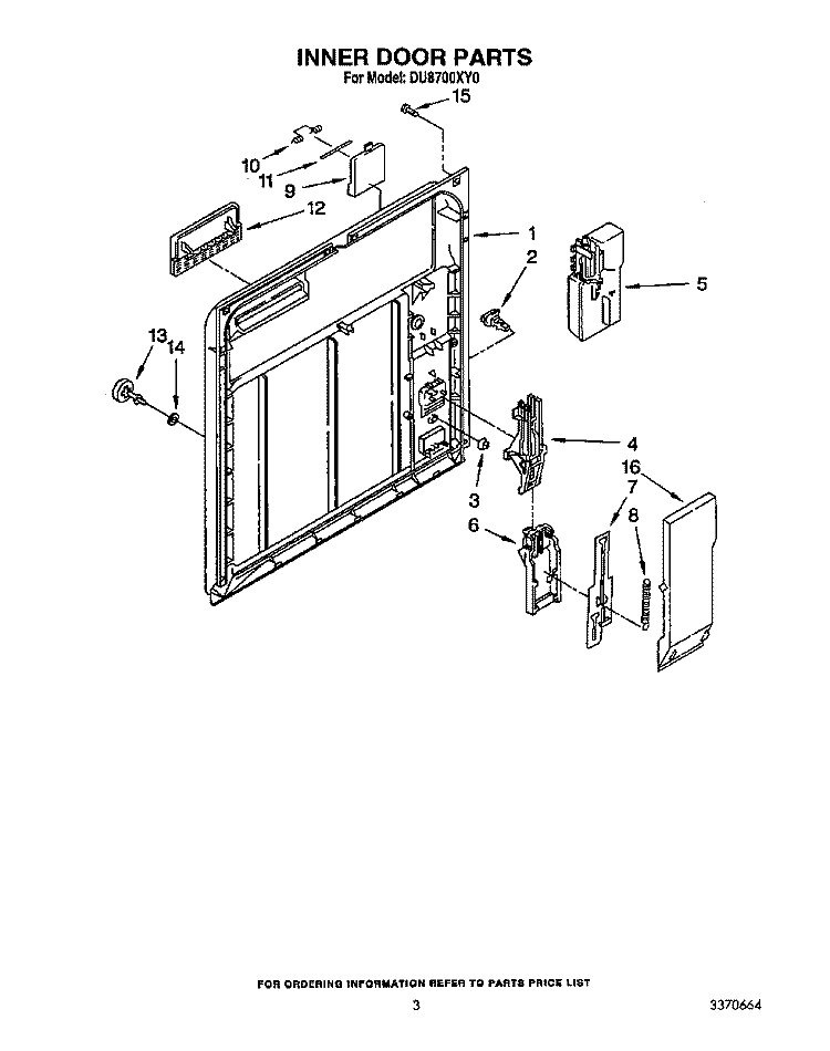 INNER DOOR Diagram and Parts List for DU8700XY0  Whirlpool Dishwasher