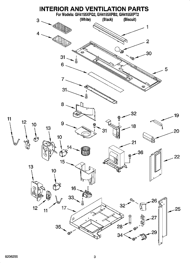 INTERIOR AND VENTILATION PARTS Diagram and Parts List for GH4155XPB2  Whirlpool Microwave