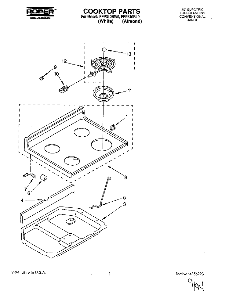 COOKTOP, LITERATURE Diagram and Parts List for FEP310BW0  Roper Range