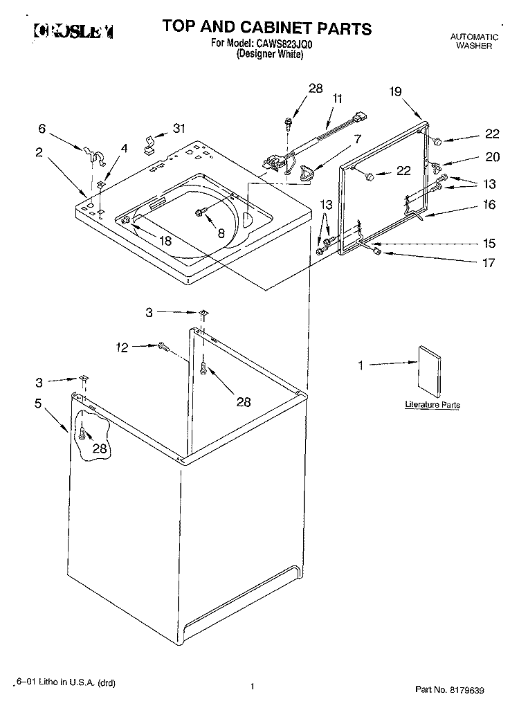TOP AND CABINET, LITERATURE Diagram and Parts List for CAWS823JQ0  Crosley Washer
