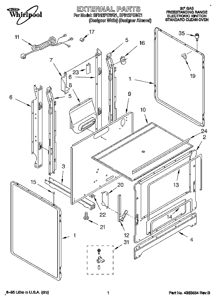 EXTERNAL Diagram and Parts List for SF312PEWQ1  Whirlpool Range