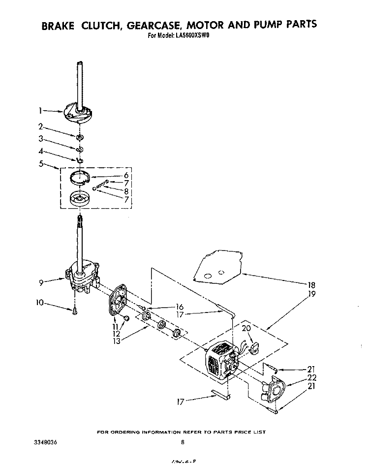 BRAKE, CLUTCH, GEARCASE, MOTOR AND PUMP Diagram and Parts List for LA5600XSW0  Whirlpool Washer