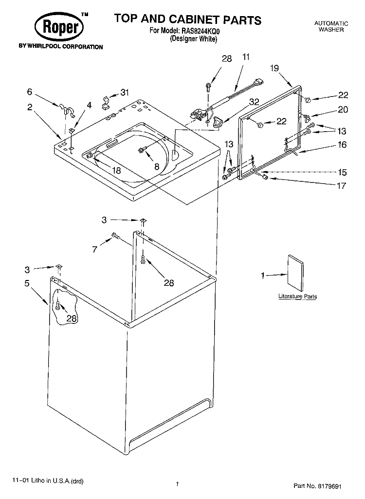 TOP AND CABINET, LITERATURE Diagram and Parts List for RAS8244KQ0  Roper Washer