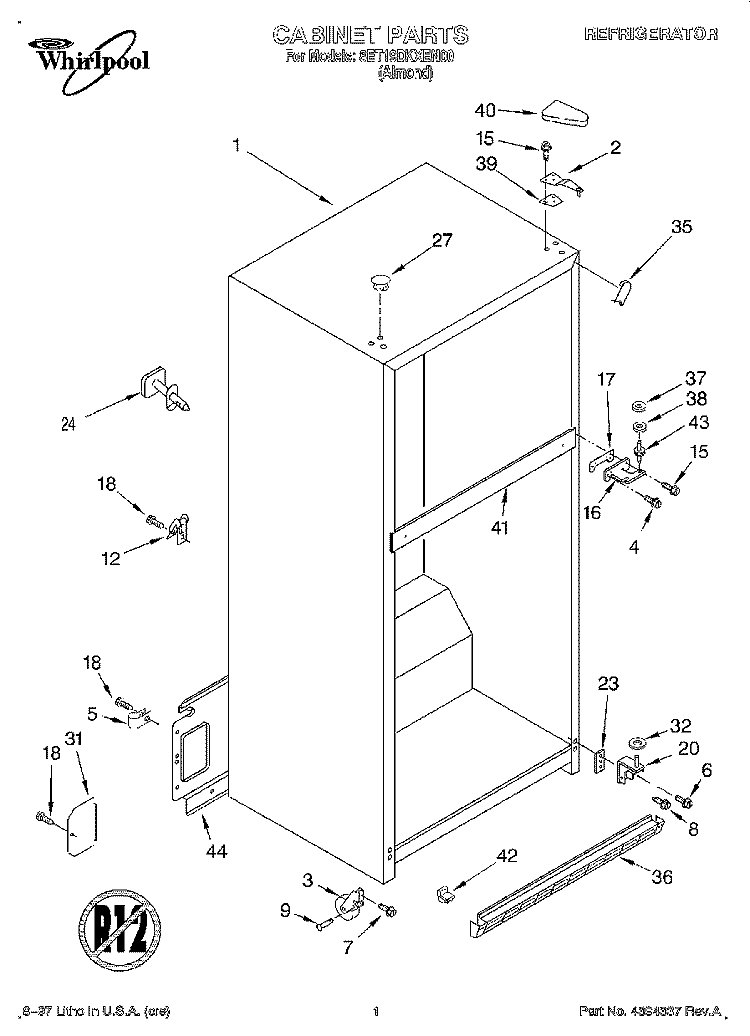 CABINET Diagram and Parts List for 8ET19DKXEN00  Whirlpool Refrigerator