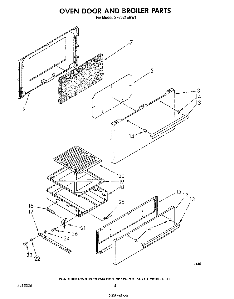 OVEN DOOR AND BROILER Diagram and Parts List for SF3021ERW1  Whirlpool Range