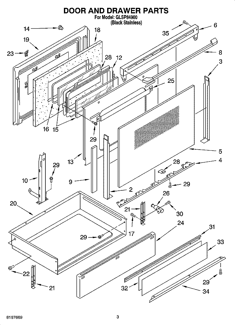 DOOR AND DRAWER PARTS Diagram and Parts List for GLSP84900  Whirlpool Range