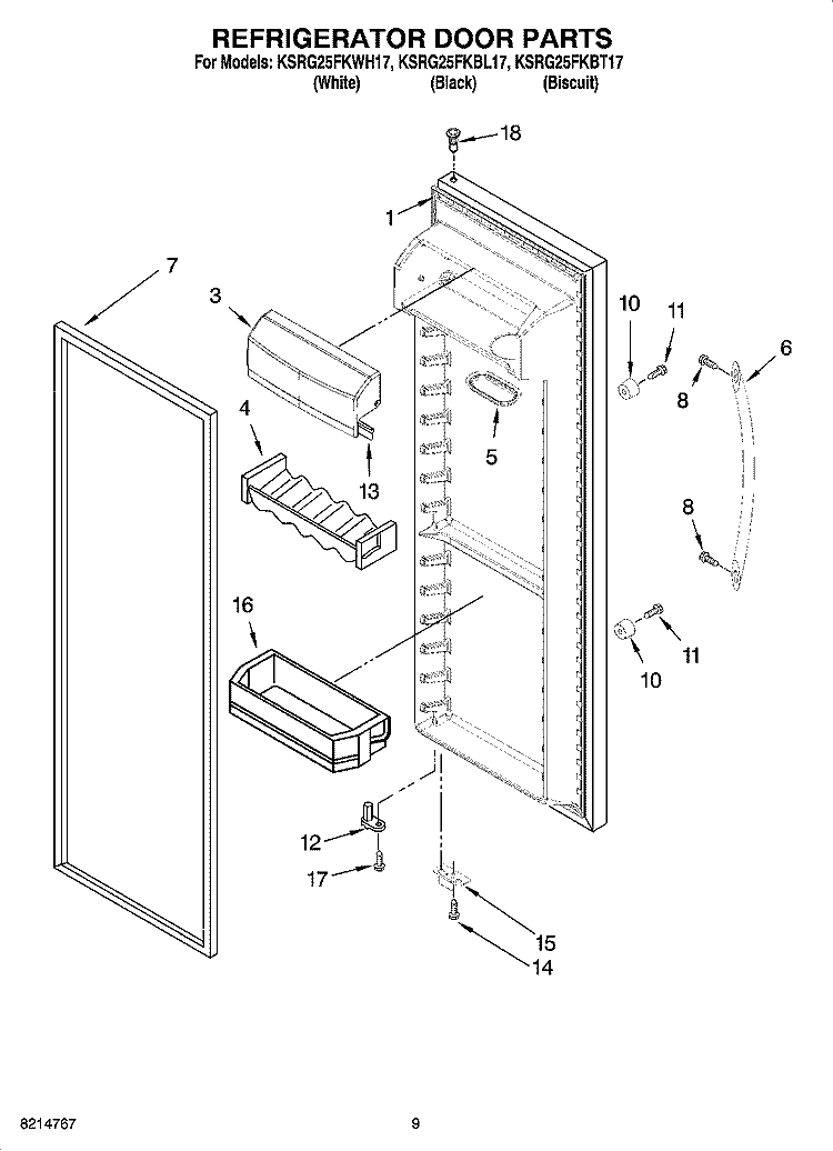 REFRIGERATOR DOOR PARTS Diagram and Parts List for KSRG25FKBT17  KitchenAid Refrigerator