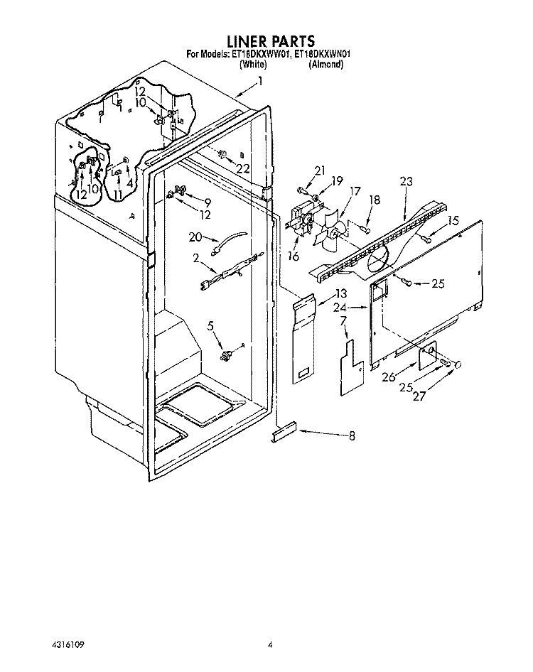LINER Diagram and Parts List for ET18DKXWN01  Whirlpool Refrigerator