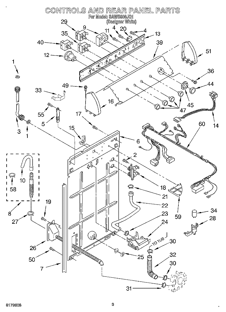 CONTROLS AND REAR PANEL Diagram and Parts List for SAWS800JQ1  Whirlpool Washer