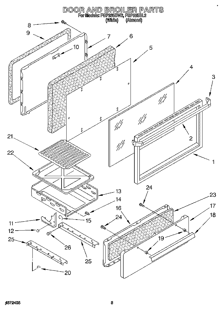 DOOR AND BROILER Diagram and Parts List for FGP335BL2  Roper Range