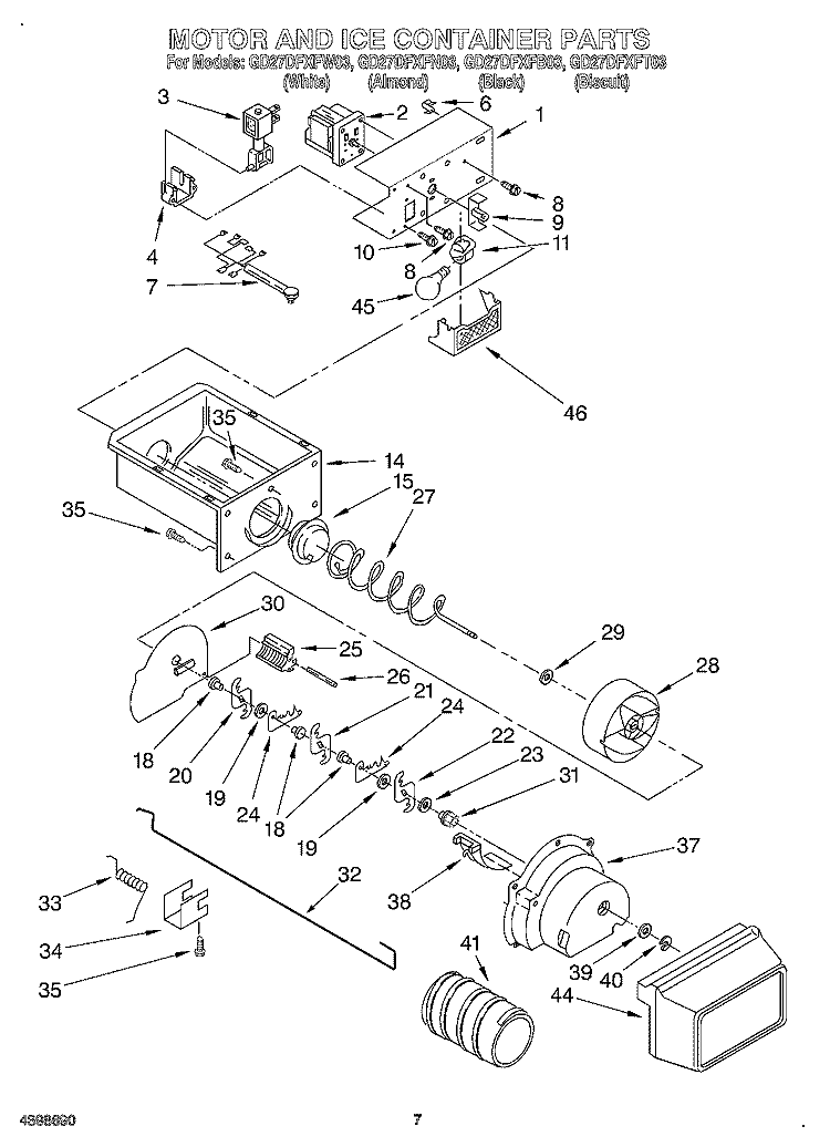 MOTOR AND ICE CONTAINER Diagram and Parts List for GD27DFXFB03  Whirlpool Refrigerator