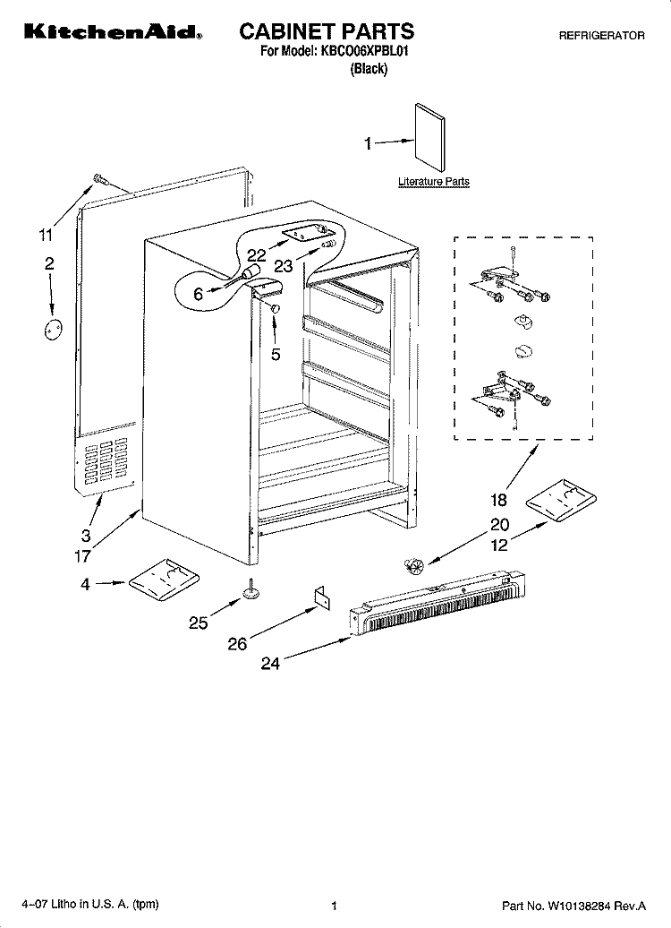 CABINET PARTS Diagram and Parts List for KBCO06XPBL01  KitchenAid Refrigerator