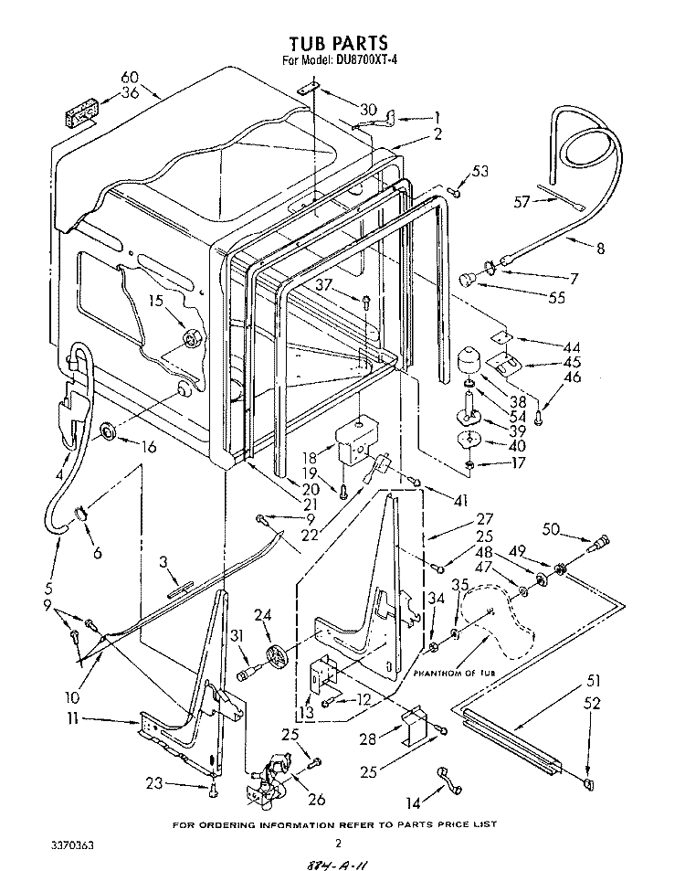 TUB , LITERATURE AND OPTIONAL Diagram and Parts List for DU8700XT4  Whirlpool Dishwasher