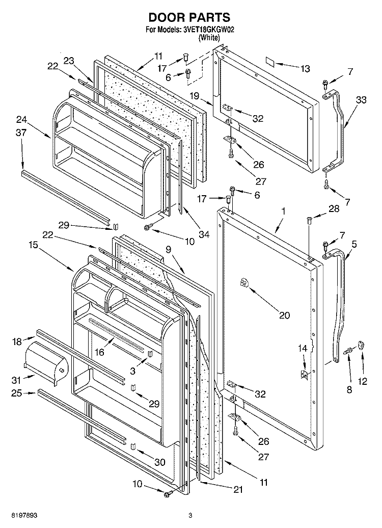 DOOR Diagram and Parts List for 3VET18GKGW02  Whirlpool Refrigerator