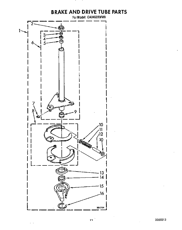 BRAKE AND DRIVE TUBE Diagram and Parts List for CA2452XWN0  Whirlpool Washer