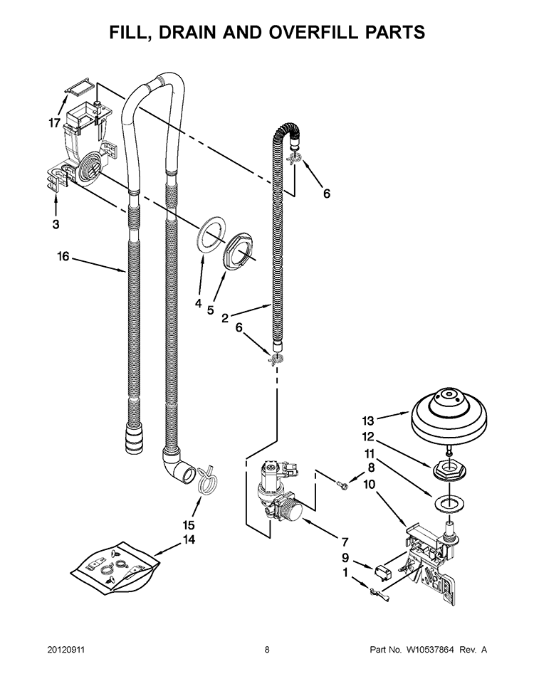 FILL, DRAIN AND OVERFILL PARTS Diagram and Parts List for KUDS30IBWH0  KitchenAid Dishwasher