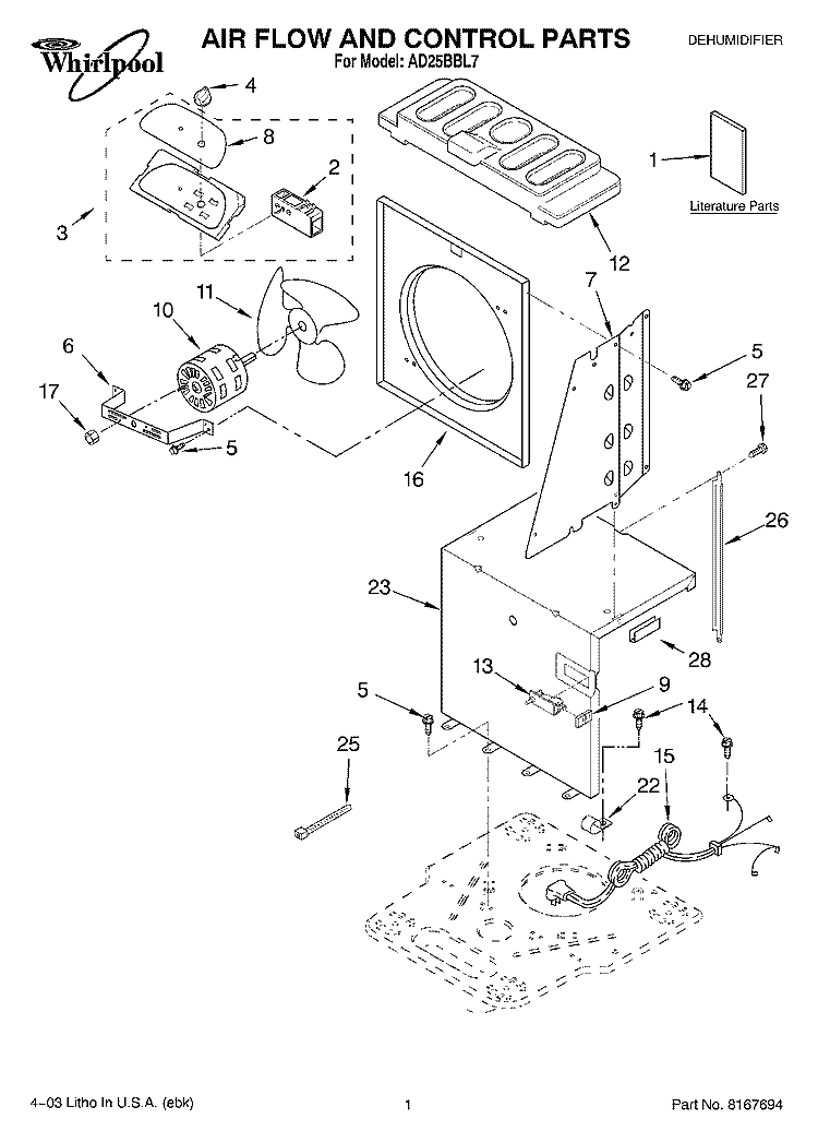 AIR FLOW AND CONTROL PARTS Diagram and Parts List for AD25BBL7  Whirlpool Dehumidifier
