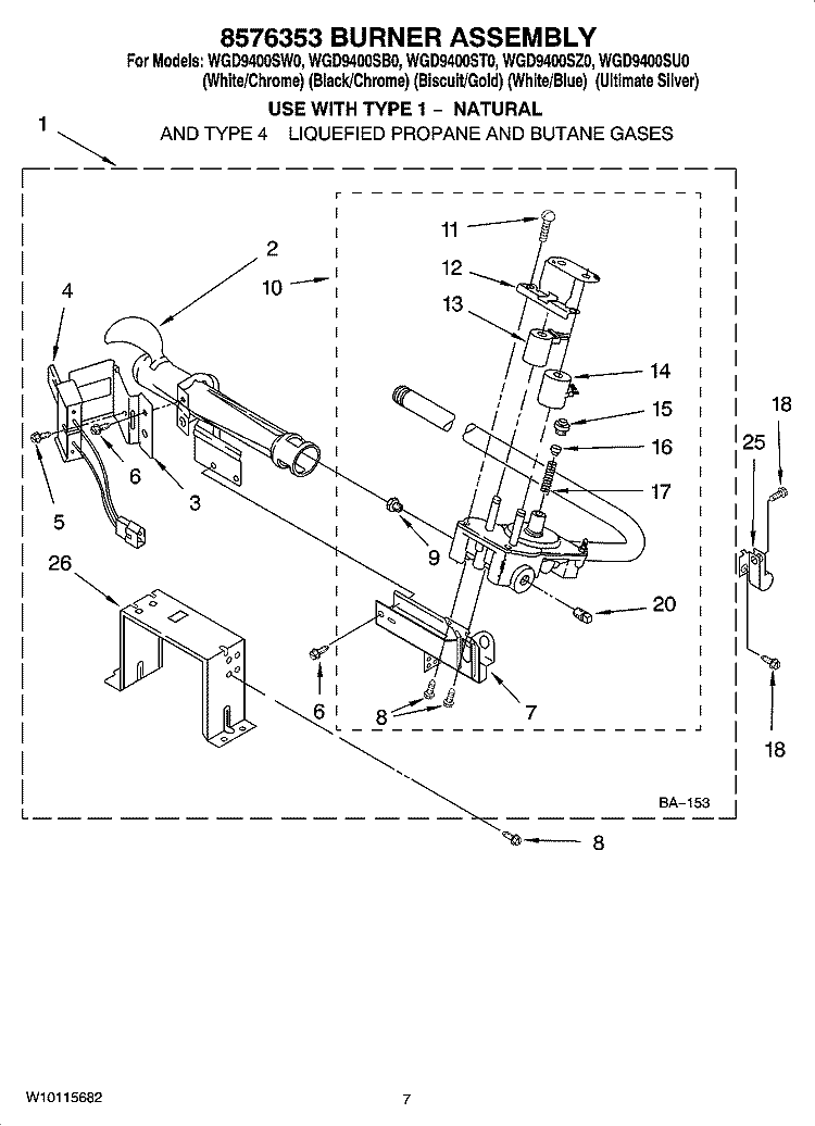 8576353 BURNER ASSEMBLY Diagram and Parts List for WGD9400SW0  Whirlpool Dryer