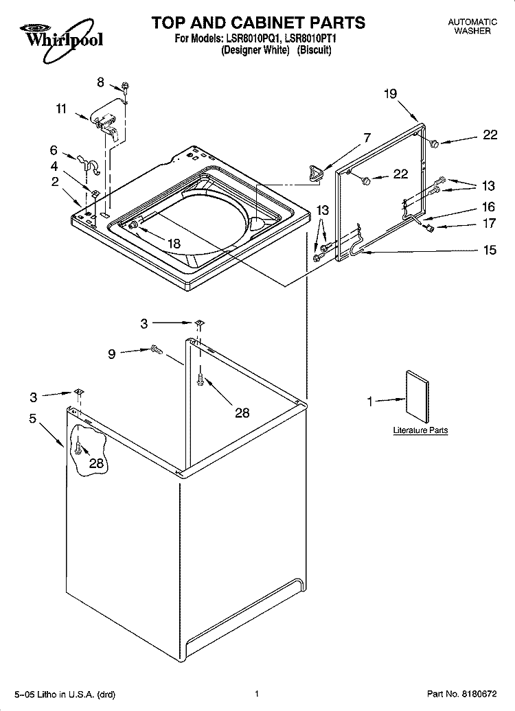 TOP AND CABINET PARTS Diagram and Parts List for LSR8010PQ1  Whirlpool Washer