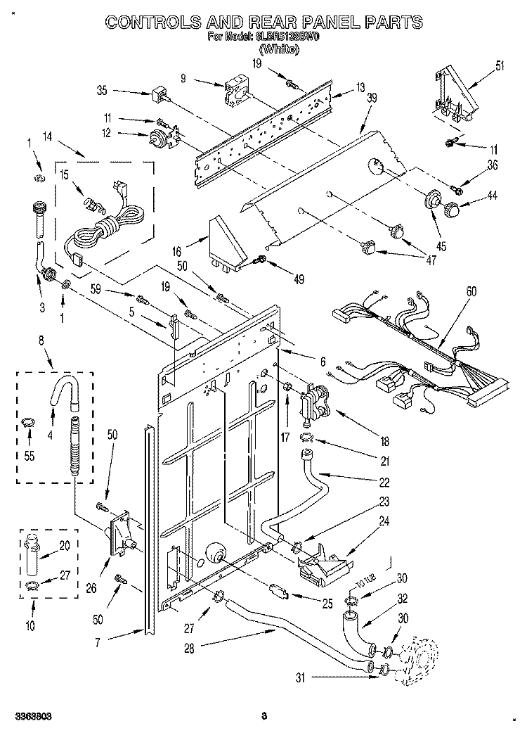 CONTROLS AND REAR PANEL Diagram and Parts List for 6LBR5132BW0  Whirlpool Washer