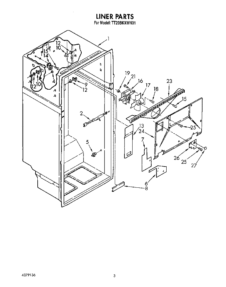 LINER Diagram and Parts List for TT20BKXWW01  Whirlpool Refrigerator
